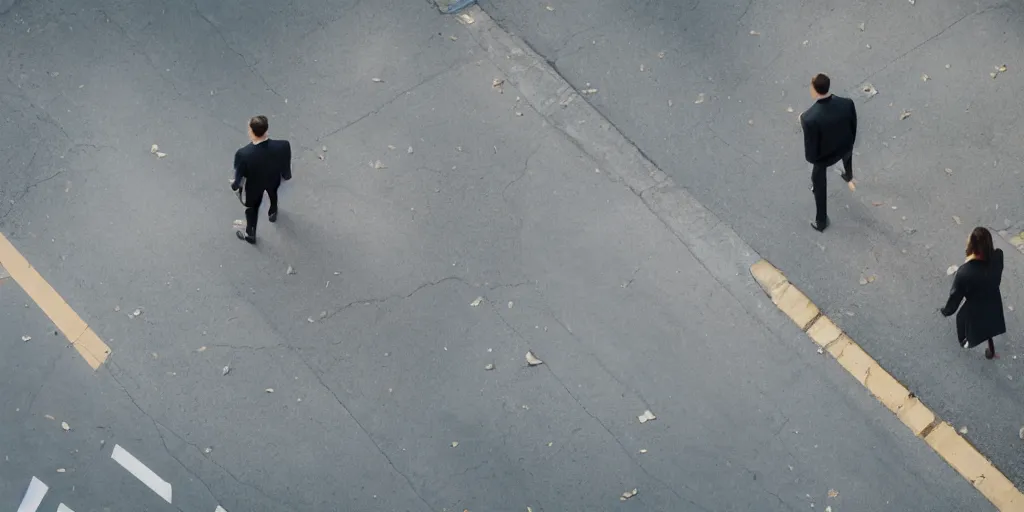 Prompt: an overhead shot of a beautiful looking woman and handsome looking man whom are walking past each other while walking down the side of a busy street