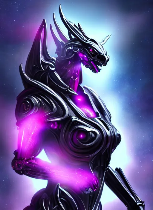 Image similar to cinematic goddess close shot, cosmic sized beautiful stunning elegant hot giant robot mecha female dragon, sharp cyborg dragon head, sharp metal ears, led glowing purple eyes, smooth fuschia skin, smooth silver armor, floating in space, epic proportions, epic scale, macro furry, furry art, dragon art, goddess art, giantess art, warframe fanart, furaffinity, octane