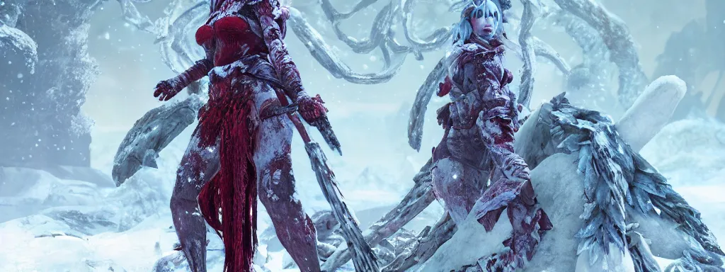 Image similar to frosty warrior woman with a body of ice, walking in a dense alien snow covered frosty jungle, with snow covered colourful red, blue and purple plants, large vines, snow covered arched organic rock structures, in the style of monster hunter world, like concept art on artstation, hyperdetailed, vray render, octane render,