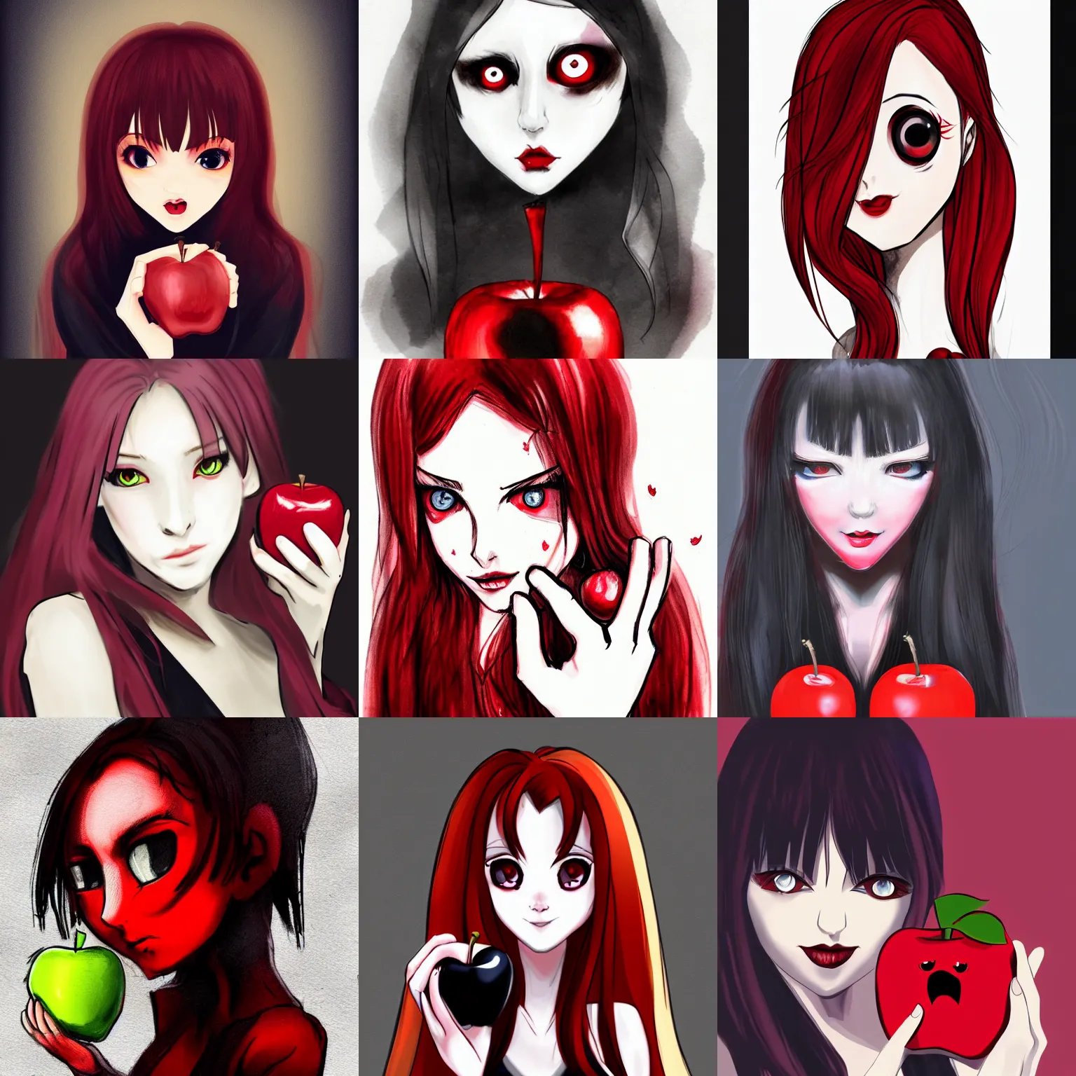 Prompt: girl holding an apple, vampire, red eyes, 4 k, artstation, concept art, anime, ink outlines, dark colours