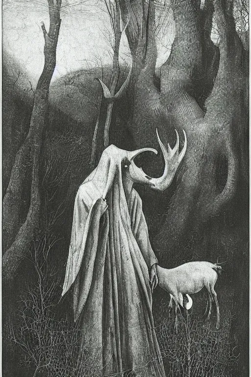 Image similar to zdzisław beksinski hieronymus bosch man with a goat head in the woods