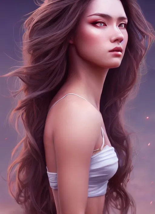 Image similar to a gorgeous female with long clean hair in the style of stefan kostic, realistic, full body shot, wide angle, sharp focus, 8 k high definition, insanely detailed, intricate, elegant, art by stanley lau and artgerm, floating embers