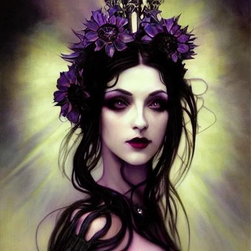 Image similar to dark goth queen with purple eyes, by jeremy mann and alphonse mucha, fantasy art, photo realistic, dynamic lighting, artstation, poster, volumetric lighting, very detailed faces, purple eyes, 4 k, award winning dark, goth, queen, dark fantasy, black, dark purple, hyperrealistic portrait, art of elysium, full figure, very detailed face,