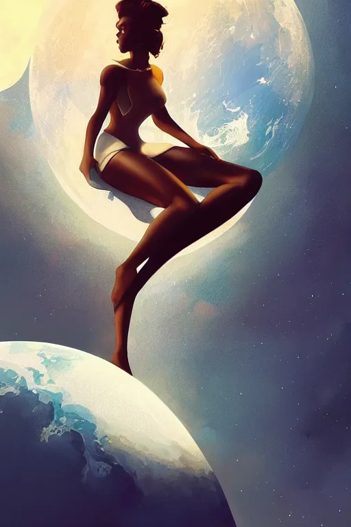 Prompt: Silhouette of a woman sitting on the moon with a view of the earth in the background, elegant, digital painting, highly detailed, artstation, concept art, smooth, sharp focus, illustration, art by artgerm and greg rutkowski.