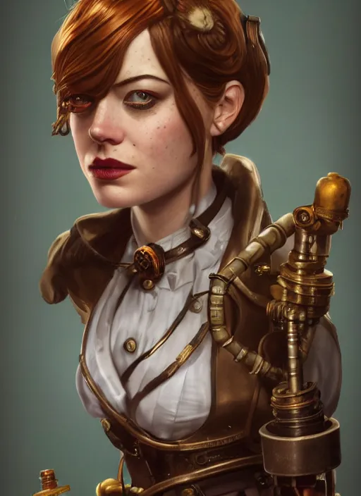 Image similar to Bioshock steampunk portrait of Emma Stone, au naturel, hyper detailed, digital art, trending in artstation, cinematic lighting, studio quality, smooth render, unreal engine 5 rendered, octane rendered, art style by klimt and nixeu and ian sprigger and wlop and krenz cushart