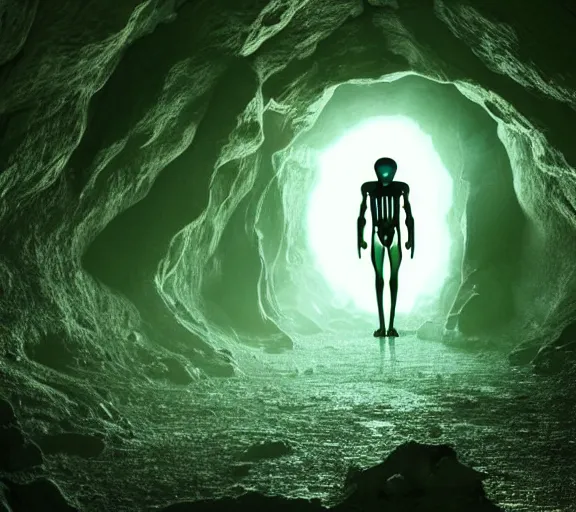 Prompt: humanoid alien walking trough a beautiful cave, xyz(020) H 576