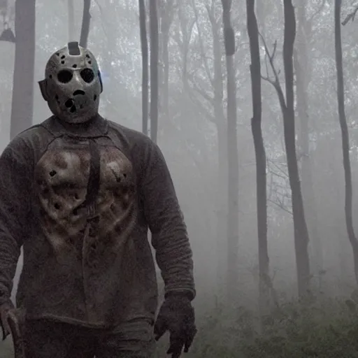 Image similar to A still image of Jason Voorhees in the woods foggy very detail 4K quality super realistic