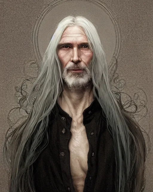 Prompt: portrait of 4 0 - year - old man with long white hair with a pale complexion, pointed face and grey eyes, hyper realistic face, beautiful eyes, fantasy art, in the style of greg rutkowski, intricate, alphonse mucha, hyper detailed, smooth