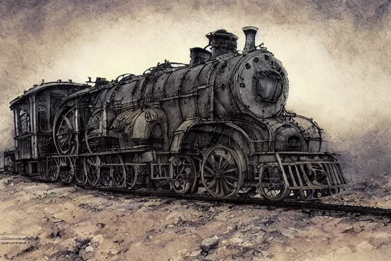 Image similar to an old locomotive, by jean - baptiste monge, eerie moon eclipse cinematic scenery