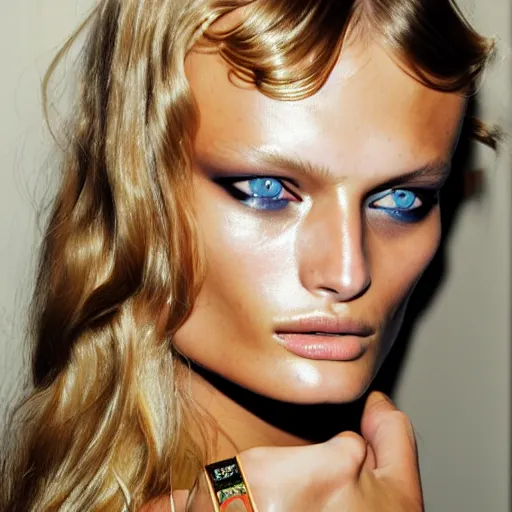 Image similar to portrait of young edita vilkeviciute, versace fashion show 2 0 1 1 spring summer backstage, makeup by pat mcgrath, detailed face, greg rutkowski, intricate, elegant, highly detailed,