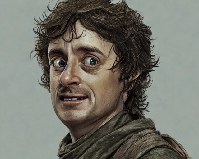 Image similar to richard hammond as frodo baggins, award winning character art, by various concept artists, hyperrealistic face, photorealistic render