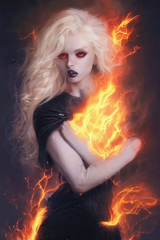 Prompt: blonde woman 2 0 yo in a black velvet cat costume wearing exploding fire electricity and blood, sorcerer, diamonds, angel, fantasy, dramatic lighting, highly detailed, digital painting, holding electricity, magic the gathering, hyper detailed, 3 d render, hyper realistic detailed portrait, peter mohrbacher, wlop, ruan jia