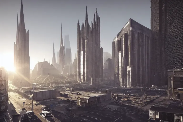 Image similar to streetscape, a towering cathedral of brutalist architecture, buildings covered with greebles, stunning volumetric light, sunset, metal, concrete and translucent material, stunning skies, majestic landscape, trending on Artstation, 8k, photorealistic, hyper detailed, unreal engine 5, IMAX quality, cinematic, epic lighting, in the style of Greg Rutkowski