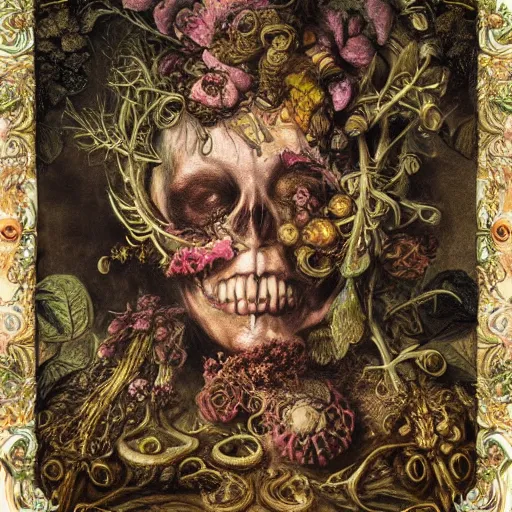 Image similar to a beautiful detailed front view baroque portrait of a rotten woman corpse with fractal plants and fractal flowers and mushrooms growing around, intricate, ornate, bones, volumetric light, beautiful lit, polaroid photography