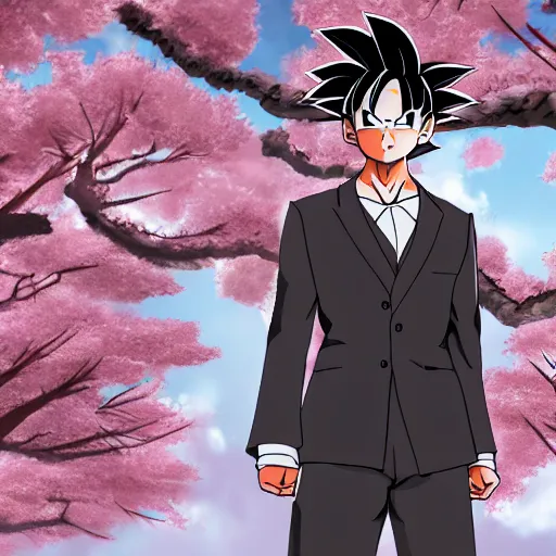 Image similar to highly detailed photo of goku wearing tuxedo standing in front of sakura trees, anime concept art, highly detailed, 8 k