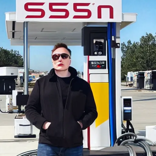 Prompt: Elon Musk at a gas station, photo