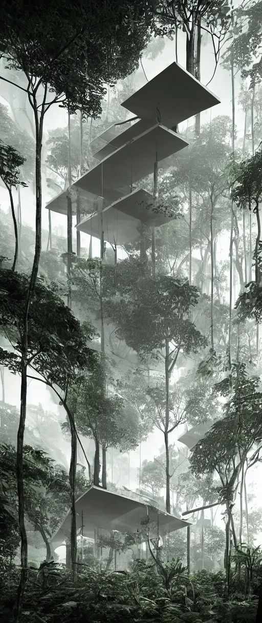 Prompt: architecture inspired by le corbusier in the rainforest. nature is taking over. upside down. metabolism. octane render. global illumination. atmospheric. photorealistic. color scheme black and white.