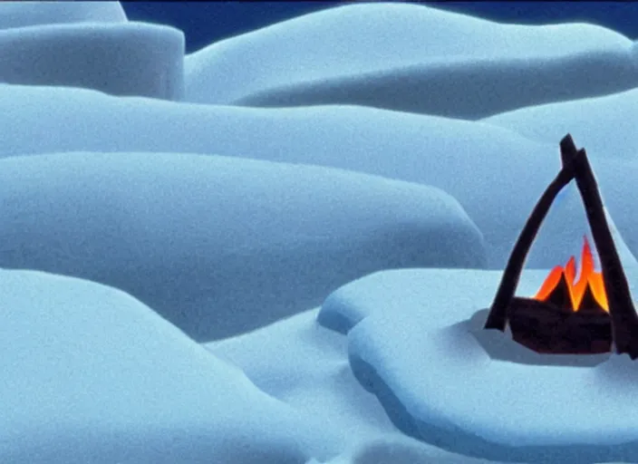 Image similar to tiny smoldering campfire glowing in a stark minimalist frozen creek snowdrift landscape from mulan ( 1 9 9 8 )