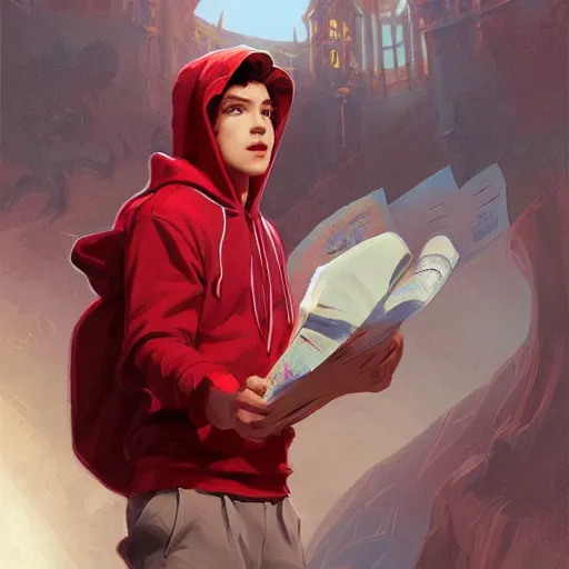 Prompt: a preppy magic student boy wearing a red hoodie, d & d, fantasy, intricate, cinematic lighting, highly detailed, digital painting, artstation, concept art, smooth, sharp focus, illustration, art by artgerm and greg rutkowski and alphonse mucha