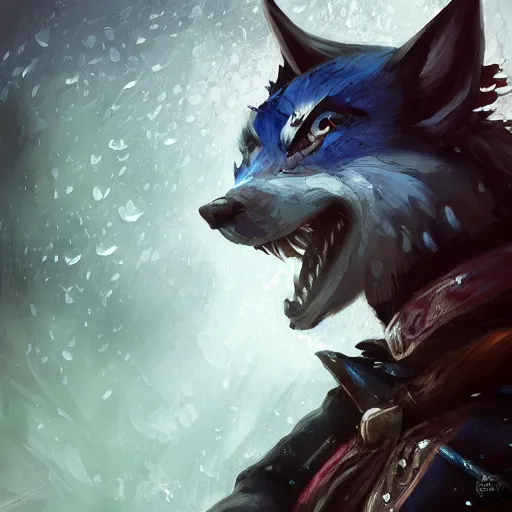 Image similar to anthropomorphic Azure samurai wolf, DnD character art portrait, fantasy battleground, raining, fire, oil painting, heroic pose, magic the gathering artwork, D&D, fantasy, cinematic lighting, centered, symmetrical, highly detailed, digital painting, artstation, concept art, smooth, sharp focus, illustration, volumetric lighting, epic Composition, 8k, art, DeviantArt, trending on Artstation, Jason Felix, Steve Argyle, Tyler Jacobson, Peter Mohrbacher, Akihiko Yoshida, Greg Rutkowski, Craig Mullins, Frank Frazetta, cinematic lighting