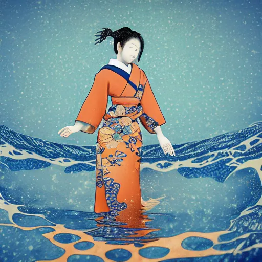 Prompt: universe of vortex of water waves and fabric and in the center a perfect circle and inside a girl with traditional japanese dress, around water splashes and floral, style of hokusai, unreal engine, octane render, asymetric, golden ratio, style of hokusai, sharp, orange and teal