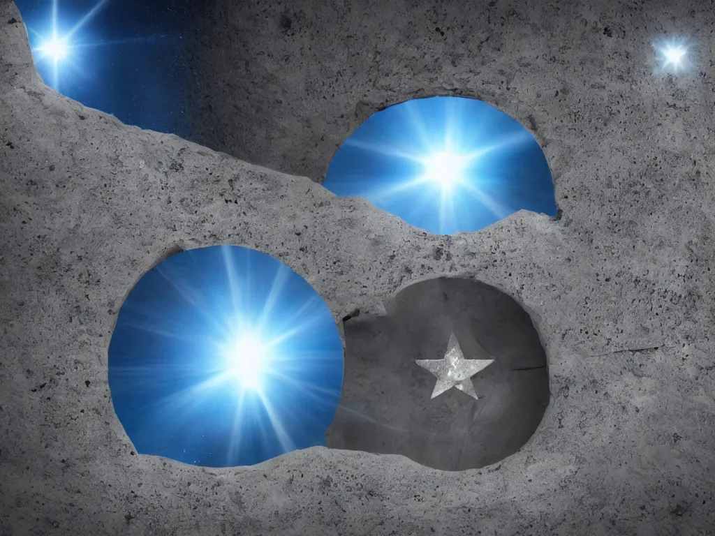 Prompt: Blue Text that says '3kliksphilp', with a picture of a concrete building in a martin crater, with a star in the sky with creating lens flare, CGI