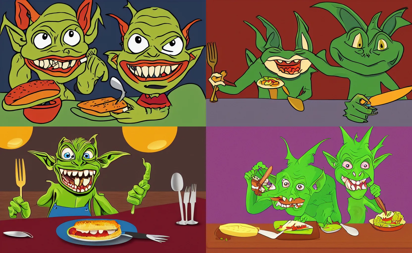Prompt: a lifelike vector oil painting of a cartoon goblin with knife and fork