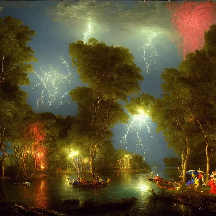 Image similar to a night carnival around a magical in a summer storm, tree cavity with a music scenario with many fireworks and christmas lights, next to a lake with iridiscent lake water, volumetric lightning, folklore people disguised with fantastic creatures in a magical forest by summer night, masterpiece painted by thomas cole, scene by dark night environment, refraction lights, five star stories