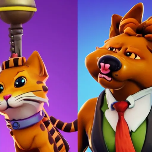 Image similar to a anthropomorphic cat playing Fortnite with a anthropomorphic dog cartoon, Jim Davis