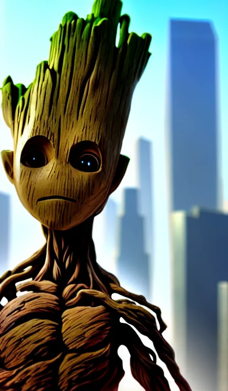 Image similar to anime fine details portrait of Groot in front of cyberpunk moder city landscape on the background deep bokeh, close-up view, anime masterpiece by Studio Ghibli. 8k, sharp high quality anime, artstation