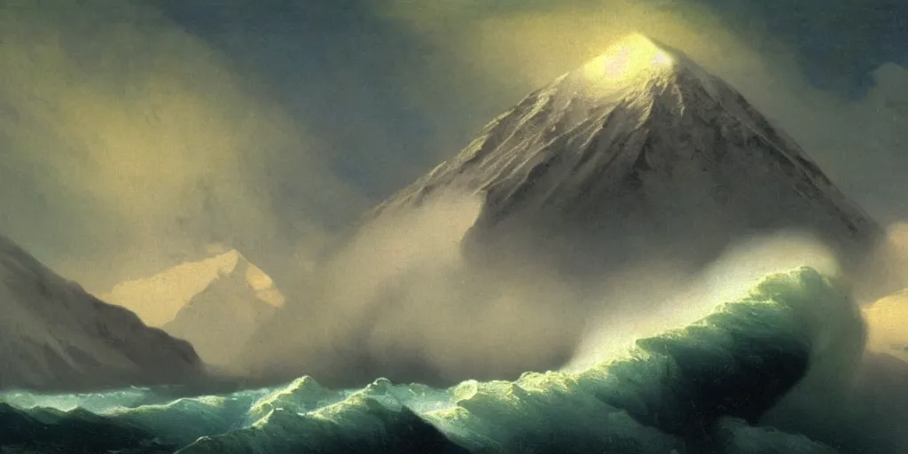 Prompt: A tsunami crashes over Mount Everest in the style of Ivan Aivazovsky