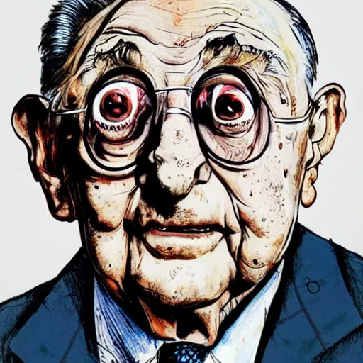 Image similar to George Soros by Ralph Steadman, illustration, body horror, biopunk