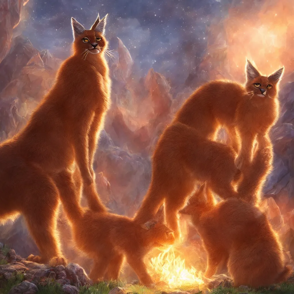 Image similar to many cute fluffy caracals, fire, magic, fantasy epic legends stylized digital illustration radiating a glowing aura global illumination ray tracing hdr fanart arstation, 8 k