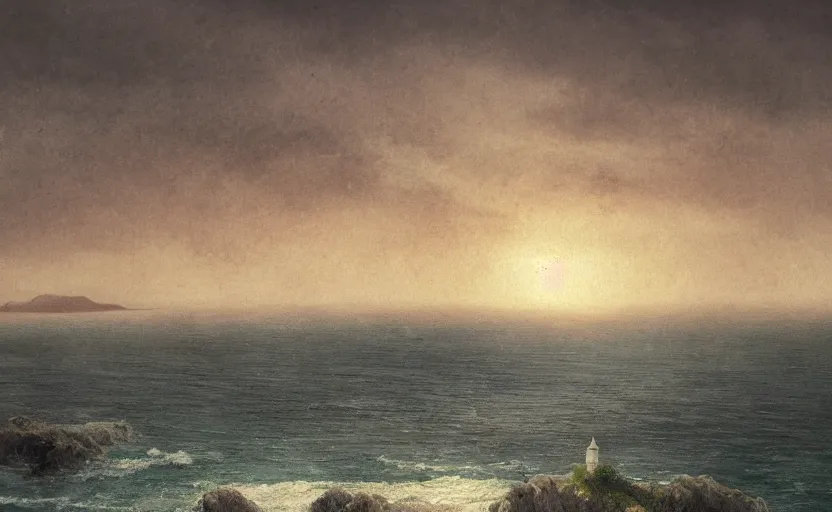 Image similar to view of the ocean, medium waves, boats in the distance, small castle in the distance, close up shot, rocky, at dusk, distant mountains, 4k, rule of thirds, extreme detail, hazy, intricate ink illustration, surreal, surrealist, trending on artstation, cgsociety, hd, calm, complimentary colours, realistic lighting, by Albert Bierstadt, Frederic Edwin Church.