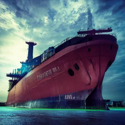 Image similar to photo of Immense industrial futuristic cargo ship arrives at cyber punk city sea port, cinematic lighting, photo