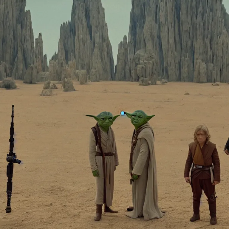 Prompt: film still from a star wars movie made by wes anderson, yoda and luke skywalker, in the style of wes anderson