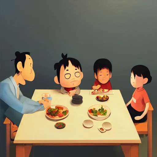 Image similar to goro fujita ilustration a family of four japanese people eating at a square wooden table, painting by goro fujita, sharp focus, highly detailed, artstation