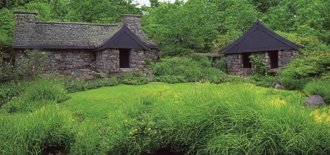 Image similar to scottish blackhouse designed by daniel burnham. outdoor landscaping designed by roberto burle marx. fujinon premista 1 9 - 4 5 mm t 2. 9. portra 8 0 0.