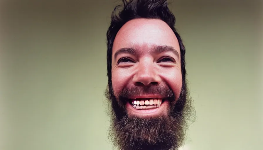 Image similar to far view, extremely skinny malnourished jimmy fallon with long beard, wearing dirty overalls, dirty greasy face, grin, portrait, close up, kodak gold 2 0 0, 5 0 mm,