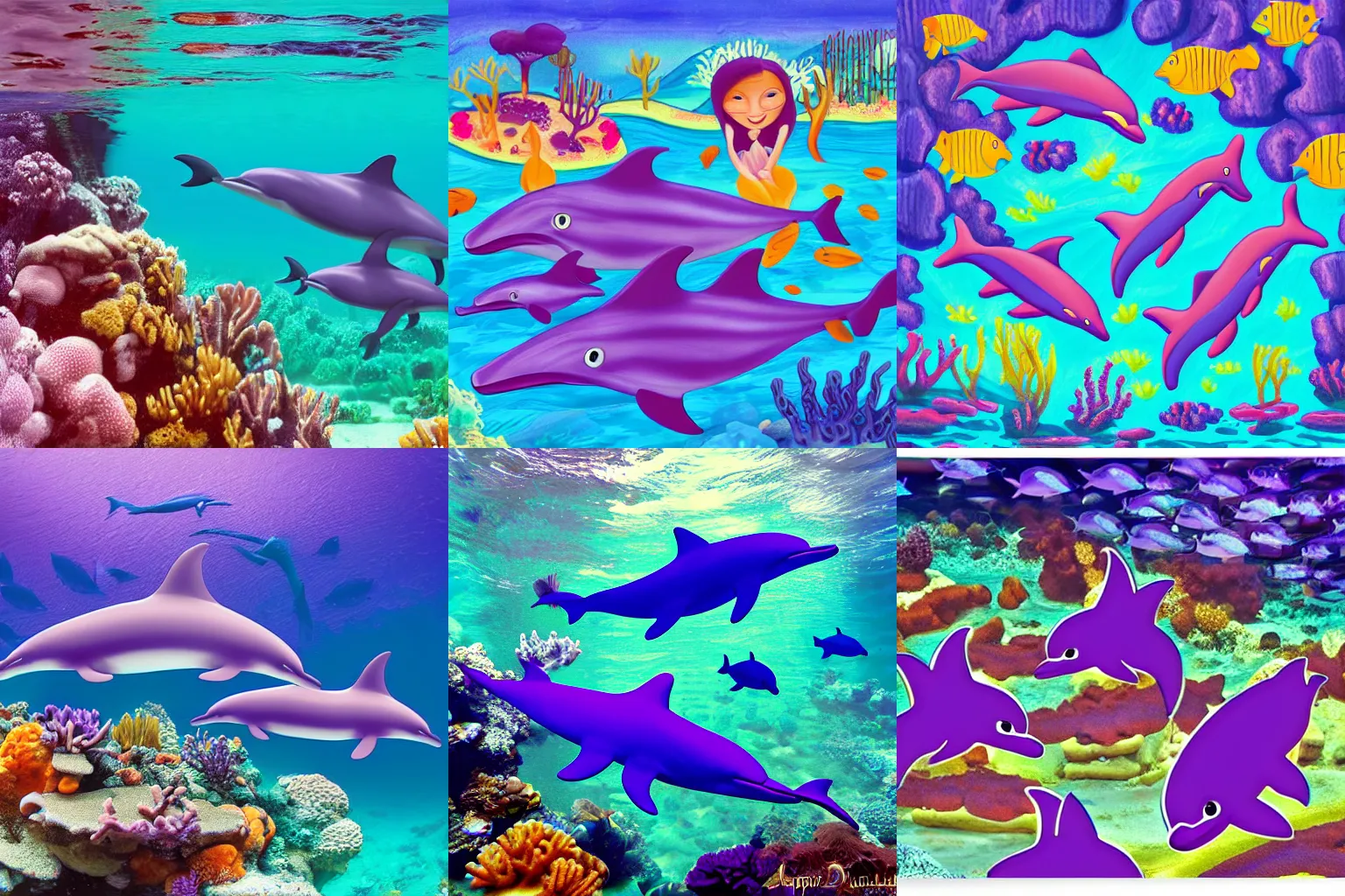 Prompt: happy purple dolphin family amid beautiful coral reef by Lassen