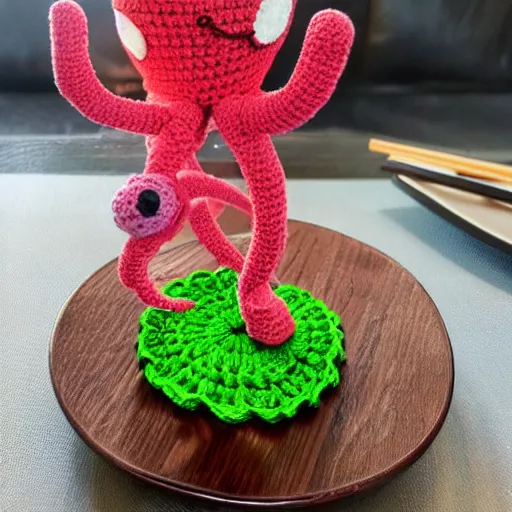 Prompt: a crochet octopus that is eating sushi, crochet octopus eating sushi, eating sushi, photo realistic, indoor lighting