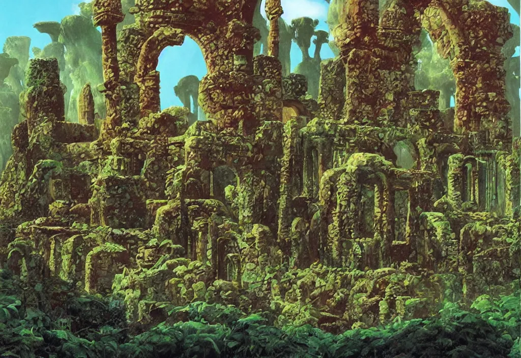Prompt: a tropical alien world, ancient ruins, by roger dean, david a. hardy, syd dutton