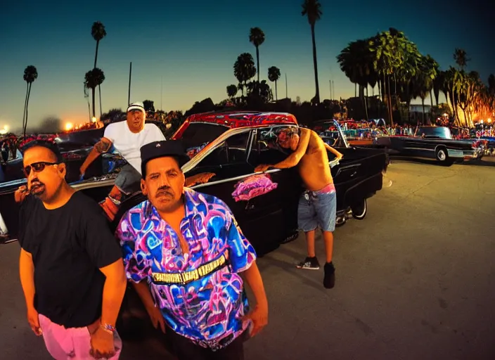 Image similar to chicano homeboys hanging out at a lowrider show at twilight in east los angeles, ilfochrome, 8 k resolution