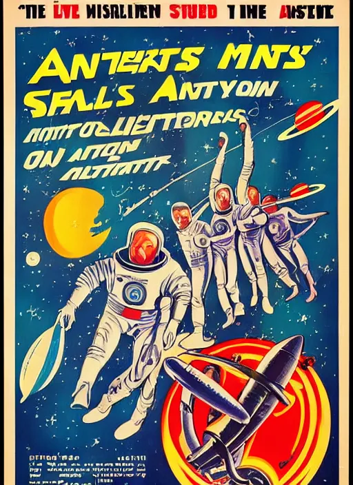 Image similar to vintage movie poster with aliens, astronauts, flying saucers and planets, occult alien symbols
