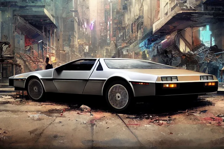 Image similar to photograph of the delorean, with a sleek spoiler, driving down the streets of a cyberpunk abandoned city, by greg rutkowski, by stanley artgerm, by alphonse mucha