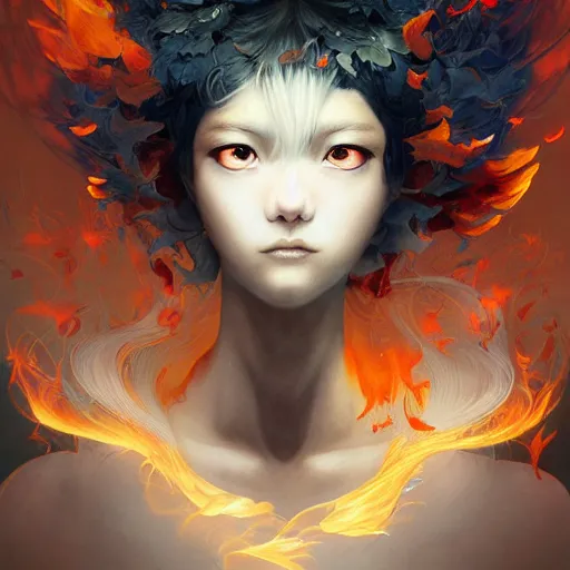 Image similar to prompt : flames and blades character portrait soft light painted by james jean and katsuhiro otomo and erik jones, inspired by evangeleon anime, smooth face feature, intricate oil painting, high detail illustration, sharp high detail, manga and anime 1 9 9 9