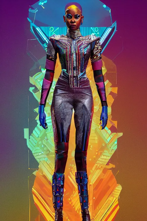Image similar to full body portrait of the African Android Queen, by DC comics and Sandra Chevrier and beeple, artstation, volumetric lighting, hyperrealism, award winning costume design, fashion show runway, futuristic fine textures, woven with electricity, superpowers, wakanda, 4k UHD, 35mm