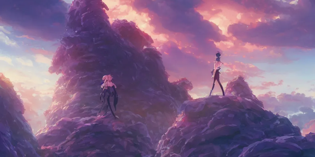 Prompt: isekai masterpiece by mandy jurgens, by irina french, by rachel walpole, by alyn spiller anime woman standing tree log looking up at giant crystals, high noon, cinematic, very warm colors, intense shadows, ominous clouds, anime illustration, anime screenshot composite background