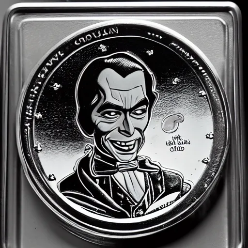 Image similar to a new coin design featuring a portrait of Count Chocula. shiny silvery mirror surface