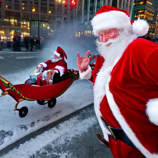 Image similar to santa claus in sleigh crashing directly into world trade center